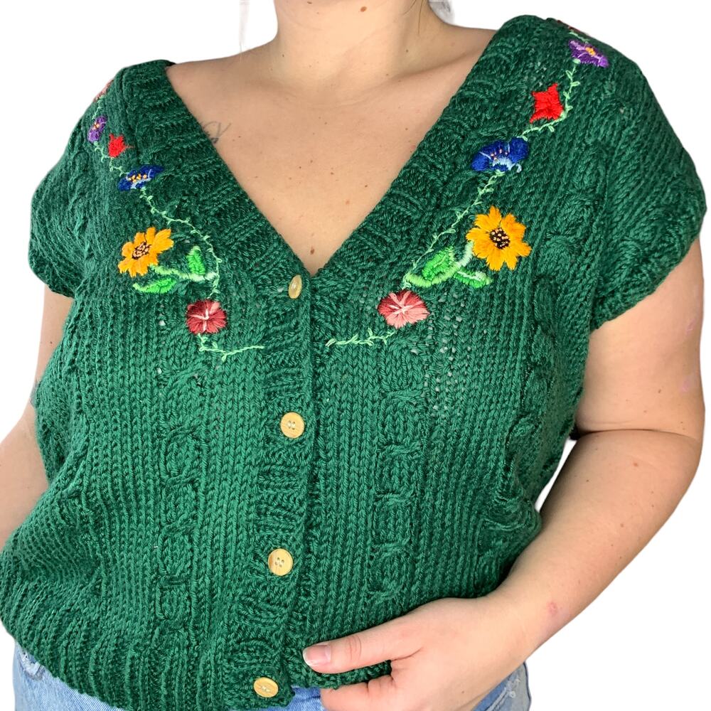 Green Floral Cable Knit Sweater Vest Cardigan Jumper Cottage Garden